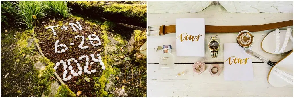 Snohomish Wedding Photographer GSquared Weddings On the left white stones on a mossy surface in Snohomish spell T+N 629 2024 On the right a flat lay showcases wedding items two vow books a watch rings perfume a belt and high heel shoes on a white wooden background Serving Seattle Snohomish and Washington State Snohomish Wedding Photographer GSquared Weddings On the left, white stones on a mossy surface in Snohomish spell T+N 6-29 2024. On the right, a flat lay showcases wedding items: two vow books, a watch, rings, perfume, a belt, and high heel shoes on a white wooden background. Serving Seattle, Snohomish and Washington State