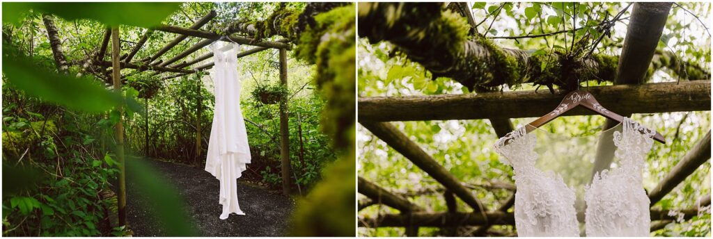 Snohomish Wedding Photographer GSquared Weddings A white lace wedding dress elegantly hangs from a wooden trellis in the lush green Snohomish forest The left image reveals the full gown while the right image captures a closeup of its intricate lace details and exquisite design Serving Seattle Snohomish and Washington State Snohomish Wedding Photographer GSquared Weddings A white lace wedding dress elegantly hangs from a wooden trellis in the lush, green Snohomish forest. The left image reveals the full gown, while the right image captures a close-up of its intricate lace details and exquisite design. Serving Seattle, Snohomish and Washington State