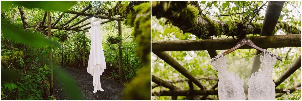 Snohomish Wedding Photographer GSquared Weddings A white lace wedding dress elegantly hangs from a wooden trellis in the lush green Snohomish forest The left image reveals the full gown while the right image captures a closeup of its intricate lace details and exquisite design Serving Seattle Snohomish and Washington State Snohomish Wedding Photographer GSquared Weddings A white lace wedding dress elegantly hangs from a wooden trellis in the lush, green Snohomish forest. The left image reveals the full gown, while the right image captures a close-up of its intricate lace details and exquisite design. Serving Seattle, Snohomish and Washington State