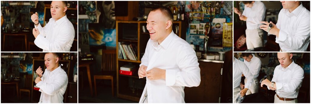 Snohomish Wedding Photographer GSquared Weddings A man in a white shirt smiling and adjusting it Various shots capture him buttoning cuffs in a room adorned with eclectic Snohomish decor and bookshelves Serving Seattle Snohomish and Washington State Snohomish Wedding Photographer GSquared Weddings A man in a white shirt, smiling and adjusting it. Various shots capture him buttoning cuffs in a room adorned with eclectic Snohomish decor and bookshelves. Serving Seattle, Snohomish and Washington State