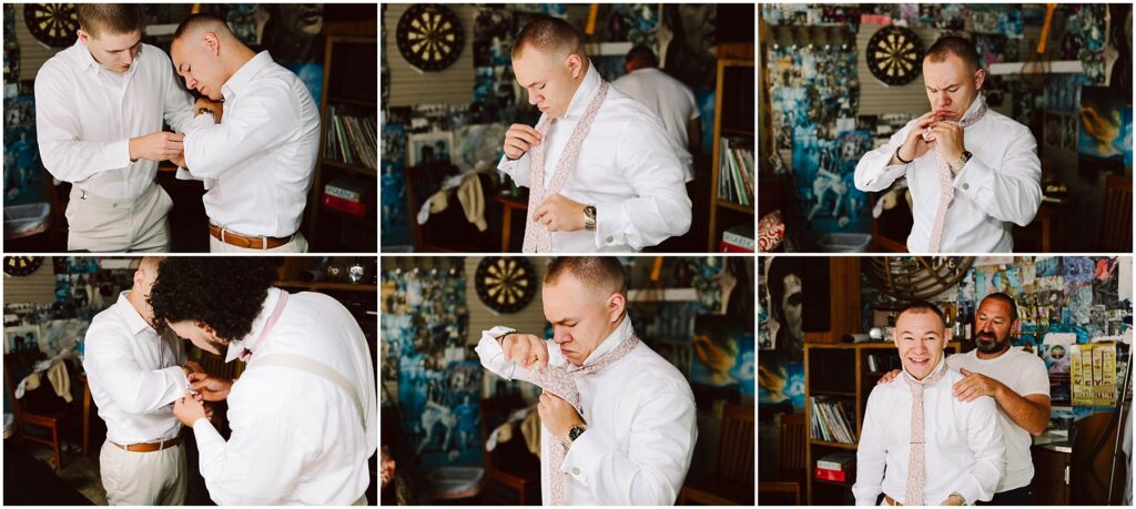 Snohomish Wedding Photographer GSquared Weddings A series of six images showing a man from Snohomish getting ready He adjusts his tie and shirt cuffs with the help of others The background is cluttered with photos and a dartboard capturing a casual yet focused atmosphere Serving Seattle Snohomish and Washington State Snohomish Wedding Photographer GSquared Weddings A series of six images showing a man from Snohomish getting ready. He adjusts his tie and shirt cuffs with the help of others. The background is cluttered with photos and a dartboard, capturing a casual yet focused atmosphere. Serving Seattle, Snohomish and Washington State