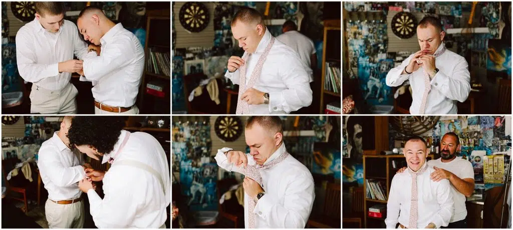Snohomish Wedding Photographer GSquared Weddings A series of six images showing a man from Snohomish getting ready He adjusts his tie and shirt cuffs with the help of others The background is cluttered with photos and a dartboard capturing a casual yet focused atmosphere Serving Seattle Snohomish and Washington State Snohomish Wedding Photographer GSquared Weddings A series of six images showing a man from Snohomish getting ready. He adjusts his tie and shirt cuffs with the help of others. The background is cluttered with photos and a dartboard, capturing a casual yet focused atmosphere. Serving Seattle, Snohomish and Washington State