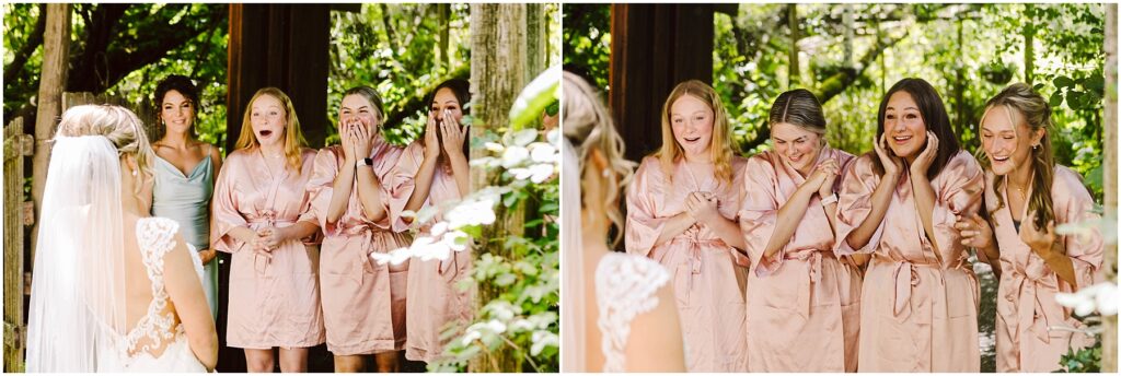 Snohomish Wedding Photographer GSquared Weddings A bride in a wedding dress stands before five bridesmaids wearing matching pink robes in picturesque Snohomish The bridesmaids react joyfully amid the lush greenery their excitement palpable as they gaze upon her Serving Seattle Snohomish and Washington State Snohomish Wedding Photographer GSquared Weddings A bride in a wedding dress stands before five bridesmaids wearing matching pink robes in picturesque Snohomish. The bridesmaids react joyfully amid the lush greenery, their excitement palpable as they gaze upon her. Serving Seattle, Snohomish and Washington State