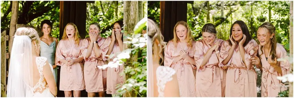 Snohomish Wedding Photographer GSquared Weddings A bride in a wedding dress stands before five bridesmaids wearing matching pink robes in picturesque Snohomish The bridesmaids react joyfully amid the lush greenery their excitement palpable as they gaze upon her Serving Seattle Snohomish and Washington State Snohomish Wedding Photographer GSquared Weddings A bride in a wedding dress stands before five bridesmaids wearing matching pink robes in picturesque Snohomish. The bridesmaids react joyfully amid the lush greenery, their excitement palpable as they gaze upon her. Serving Seattle, Snohomish and Washington State