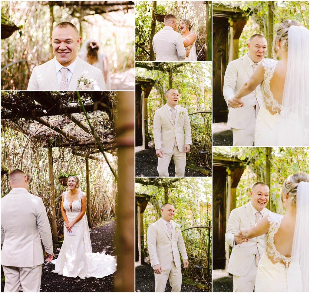 Snohomish Wedding Photographer GSquared Weddings In a Snohomish garden a bride and groom share a joyful first look The groom in a light suit reacts with surprise and happiness as he sees the bride in her white gown They smile and embrace surrounded by lush greenery and wooden arches Serving Seattle Snohomish and Washington State Snohomish Wedding Photographer GSquared Weddings In a Snohomish garden, a bride and groom share a joyful first look. The groom, in a light suit, reacts with surprise and happiness as he sees the bride in her white gown. They smile and embrace, surrounded by lush greenery and wooden arches. Serving Seattle, Snohomish and Washington State