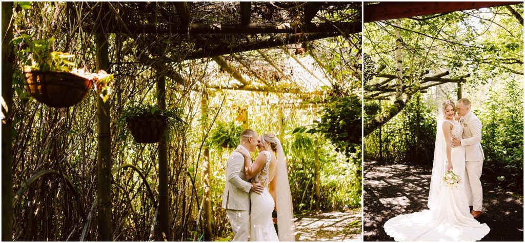 Snohomish Wedding Photographer GSquared Weddings In Snohomish a bride and groom share a kiss under a lush vinecovered wooden archway in the garden Sunlight filters through the leaves casting dappled light on the couple The brides long veil flows gracefully as they both don lightcolored attire Serving Seattle Snohomish and Washington State Snohomish Wedding Photographer GSquared Weddings In Snohomish, a bride and groom share a kiss under a lush, vine-covered wooden archway in the garden. Sunlight filters through the leaves, casting dappled light on the couple. The brides long veil flows gracefully as they both don light-colored attire. Serving Seattle, Snohomish and Washington State
