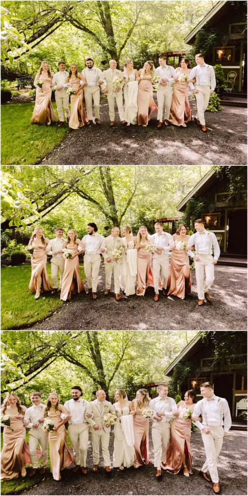Snohomish Wedding Photographer GSquared Weddings A wedding party strolls together in Snohomish on a sunny day Bridesmaids in satin dresses of varying pink hues and groomsmen in light suits smile and hold bouquets embraced by lush greenery and a rustic building Serving Seattle Snohomish and Washington State Snohomish Wedding Photographer GSquared Weddings A wedding party strolls together in Snohomish on a sunny day. Bridesmaids in satin dresses of varying pink hues and groomsmen in light suits smile and hold bouquets, embraced by lush greenery and a rustic building. Serving Seattle, Snohomish and Washington State
