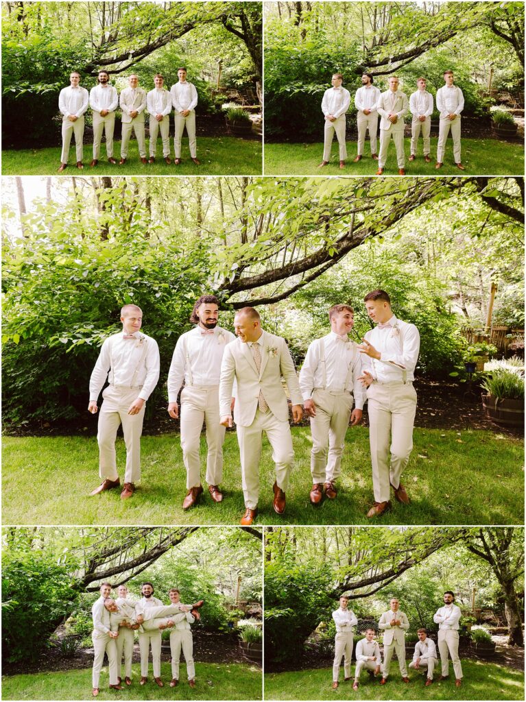 Snohomish Wedding Photographer GSquared Weddings A series of photos captures five men in lightcolored suits standing and walking on lush green grass in Snohomish They appear cheerful posing and interacting playfully under a large tree Serving Seattle Snohomish and Washington State Snohomish Wedding Photographer GSquared Weddings A series of photos captures five men in light-colored suits, standing and walking on lush green grass in Snohomish. They appear cheerful, posing and interacting playfully under a large tree. Serving Seattle, Snohomish and Washington State