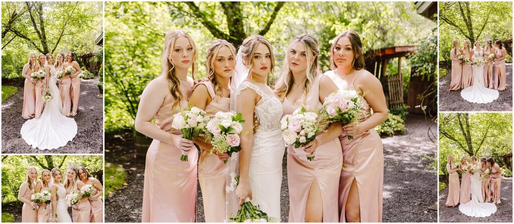 Snohomish Wedding Photographer GSquared Weddings In a lush Snohomish garden a bride stands with four bridesmaids in blush dresses each holding bouquets of white and pink flowers The group arranges themselves creatively for the photo collage amidst the trees capturing the days enchanting essence Serving Seattle Snohomish and Washington State Snohomish Wedding Photographer GSquared Weddings In a lush Snohomish garden, a bride stands with four bridesmaids in blush dresses, each holding bouquets of white and pink flowers. The group arranges themselves creatively for the photo collage amidst the trees, capturing the days enchanting essence. Serving Seattle, Snohomish and Washington State