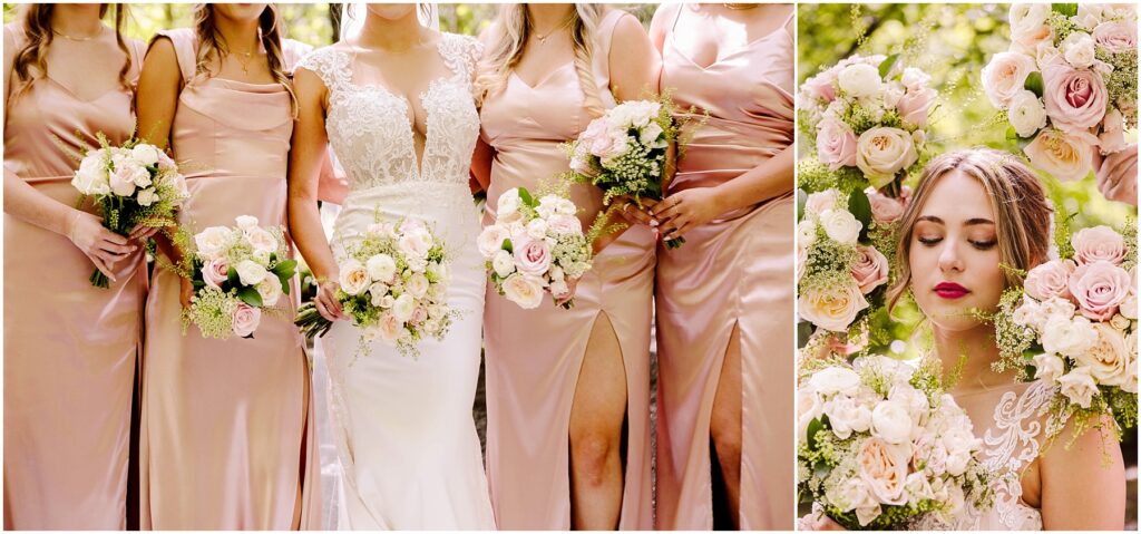 Snohomish Wedding Photographer GSquared Weddings A bride and her bridesmaids in pale pink dresses hold rose bouquets in a picturesque Snohomish setting On the left their ensembles shine while on the right the bride is enveloped by flowers eyes closed amidst soft pink and white roses in a lush outdoor scene Serving Seattle Snohomish and Washington State Snohomish Wedding Photographer GSquared Weddings A bride and her bridesmaids in pale pink dresses hold rose bouquets in a picturesque Snohomish setting. On the left, their ensembles shine, while on the right, the bride is enveloped by flowers, eyes closed amidst soft pink and white roses in a lush outdoor scene. Serving Seattle, Snohomish and Washington State