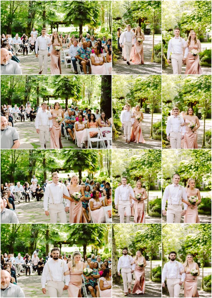 Snohomish Wedding Photographer GSquared Weddings A collage of wedding photos captures bridesmaids and groomsmen walking down an outdoor aisle lined with guests in Snohomish The lush setting is vibrant with greenery Bridesmaids wear blush dresses and hold bouquets groomsmen sport light shirts and khaki pants Serving Seattle Snohomish and Washington State Snohomish Wedding Photographer GSquared Weddings A collage of wedding photos captures bridesmaids and groomsmen walking down an outdoor aisle lined with guests in Snohomish. The lush setting is vibrant with greenery. Bridesmaids wear blush dresses and hold bouquets; groomsmen sport light shirts and khaki pants. Serving Seattle, Snohomish and Washington State
