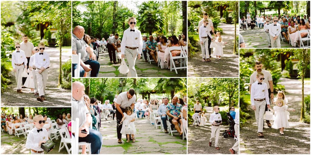 Snohomish Wedding Photographer GSquared Weddings A collage of wedding scenes in a lush Snohomish setting Young boys in white shirts and bow ties walk down the aisle one holding a sign A child in a crown is escorted by a man Guests seated along the aisle watch the procession eagerly Serving Seattle Snohomish and Washington State Snohomish Wedding Photographer GSquared Weddings A collage of wedding scenes in a lush Snohomish setting. Young boys in white shirts and bow ties walk down the aisle, one holding a sign. A child in a crown is escorted by a man. Guests seated along the aisle watch the procession eagerly. Serving Seattle, Snohomish and Washington State