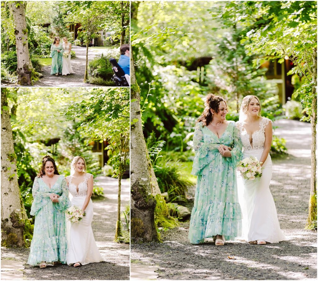 Snohomish Wedding Photographer GSquared Weddings Two women walk arminarm down a treelined path in Snohomish One wears a floral dress with ruffled sleeves while the other is in a white wedding gown holding a bouquet They are smiling and surrounded by lush greenery Serving Seattle Snohomish and Washington State Snohomish Wedding Photographer GSquared Weddings Two women walk arm-in-arm down a tree-lined path in Snohomish. One wears a floral dress with ruffled sleeves, while the other is in a white wedding gown, holding a bouquet. They are smiling and surrounded by lush greenery. Serving Seattle, Snohomish and Washington State