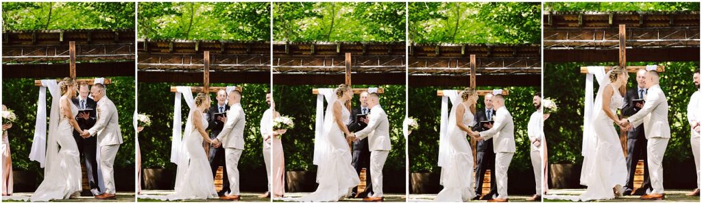 Snohomish Wedding Photographer GSquared Weddings A sequence of six images captures a couples outdoor wedding ceremony in Snohomish The couple exchanges vows and kisses under a wooden arch surrounded by lush greenery An officiant stands nearby observing the ceremony The couple looks joyful and elegant in wedding attire Serving Seattle Snohomish and Washington State Snohomish Wedding Photographer GSquared Weddings A sequence of six images captures a couples outdoor wedding ceremony in Snohomish. The couple exchanges vows and kisses under a wooden arch, surrounded by lush greenery. An officiant stands nearby, observing the ceremony. The couple looks joyful and elegant in wedding attire. Serving Seattle, Snohomish and Washington State