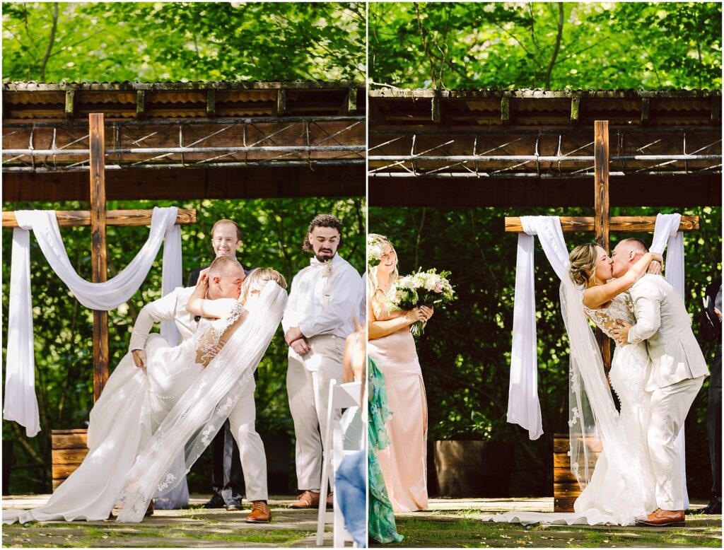 Snohomish Wedding Photographer GSquared Weddings In scenic Snohomish a bride and groom share a tender kiss in front of an outdoor wedding altar adorned with elegant white fabric The brides veil flows as they embrace two bridesmaids holding flowers stand to the left while a groomsman watches from the right all surrounded by lush greenery Serving Seattle Snohomish and Washington State Snohomish Wedding Photographer GSquared Weddings In scenic Snohomish, a bride and groom share a tender kiss in front of an outdoor wedding altar adorned with elegant white fabric. The brides veil flows as they embrace; two bridesmaids holding flowers stand to the left, while a groomsman watches from the right, all surrounded by lush greenery. Serving Seattle, Snohomish and Washington State