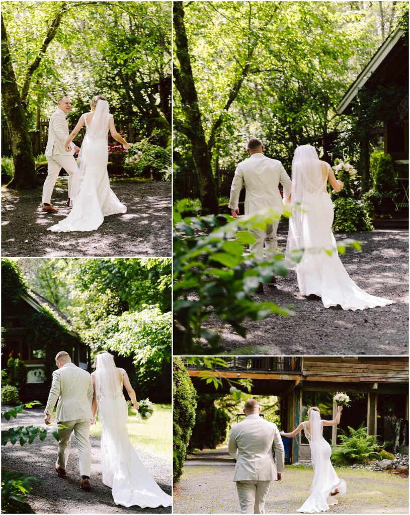 Snohomish Wedding Photographer GSquared Weddings A newlywed couple walks hand in hand down a picturesque Snohomish forest path The bride holding a bouquet wears a white gown and veil while the groom sports a light gray suit The lush greenery envelops them as they celebrate their wedding day Serving Seattle Snohomish and Washington State Snohomish Wedding Photographer GSquared Weddings A newlywed couple walks hand in hand down a picturesque Snohomish forest path. The bride, holding a bouquet, wears a white gown and veil, while the groom sports a light gray suit. The lush greenery envelops them as they celebrate their wedding day. Serving Seattle, Snohomish and Washington State