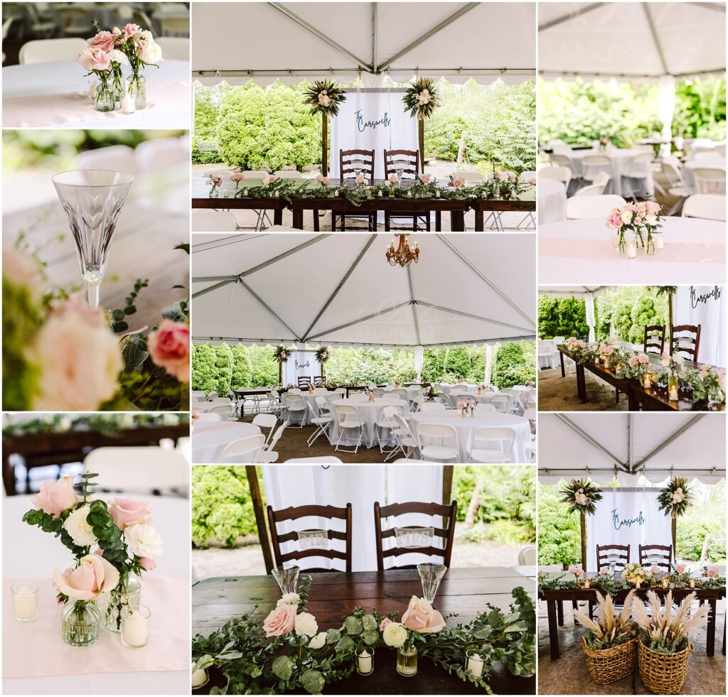 Snohomish Wedding Photographer GSquared Weddings Collage of a Snohomish wedding reception setup under a white tent Features include tables with floral centerpieces a family sign elegant glasses a chandelier and a basket with items Decor is primarily pastel pink and green Serving Seattle Snohomish and Washington State Snohomish Wedding Photographer GSquared Weddings Collage of a Snohomish wedding reception setup under a white tent. Features include tables with floral centerpieces, a family sign, elegant glasses, a chandelier, and a basket with items. Decor is primarily pastel pink and green. Serving Seattle, Snohomish and Washington State