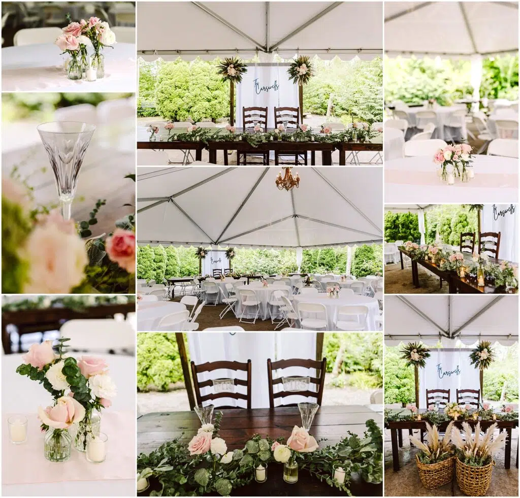 Snohomish Wedding Photographer GSquared Weddings Collage of a Snohomish wedding reception setup under a white tent Features include tables with floral centerpieces a family sign elegant glasses a chandelier and a basket with items Decor is primarily pastel pink and green Serving Seattle Snohomish and Washington State Snohomish Wedding Photographer GSquared Weddings Collage of a Snohomish wedding reception setup under a white tent. Features include tables with floral centerpieces, a family sign, elegant glasses, a chandelier, and a basket with items. Decor is primarily pastel pink and green. Serving Seattle, Snohomish and Washington State