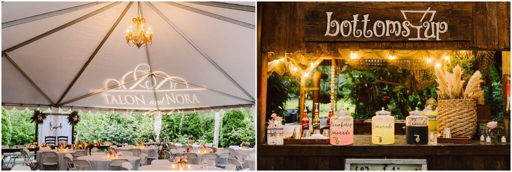 Snohomish Wedding Photographer GSquared Weddings A wedding reception in Snohomish features a white tent elegantly decorated tables and a Talon and Nora light projection on the ceiling Nearby a rustic Bottoms Up drink station offers jars of lemonade and accessories beautifully adorned with warm lights and greenery Serving Seattle Snohomish and Washington State Snohomish Wedding Photographer GSquared Weddings A wedding reception in Snohomish features a white tent, elegantly decorated tables, and a Talon and Nora light projection on the ceiling. Nearby, a rustic Bottoms Up drink station offers jars of lemonade and accessories, beautifully adorned with warm lights and greenery. Serving Seattle, Snohomish and Washington State