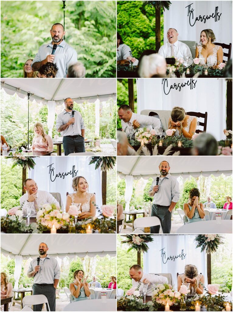 Snohomish Wedding Photographer GSquared Weddings A man gives a speech under a tent at an outdoor Snohomish event Attendees seated at a decorated table react with smiles and laughter Greenery and flowers adorn the space A sign with a barely readable name is in the background Serving Seattle Snohomish and Washington State Snohomish Wedding Photographer GSquared Weddings A man gives a speech under a tent at an outdoor Snohomish event. Attendees, seated at a decorated table, react with smiles and laughter. Greenery and flowers adorn the space. A sign with a barely readable name is in the background. Serving Seattle, Snohomish and Washington State