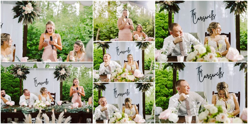 Snohomish Wedding Photographer GSquared Weddings A woman in a pink dress delivers a heartfelt speech microphone in hand at a Snohomish wedding The bride and groom sit at a floweradorned table smiling and laughing under the Boswells sign Lush greenery surrounds the charming outdoor setting Serving Seattle Snohomish and Washington State Snohomish Wedding Photographer GSquared Weddings A woman in a pink dress delivers a heartfelt speech, microphone in hand, at a Snohomish wedding. The bride and groom sit at a flower-adorned table, smiling and laughing under the Boswells sign. Lush greenery surrounds the charming outdoor setting. Serving Seattle, Snohomish and Washington State