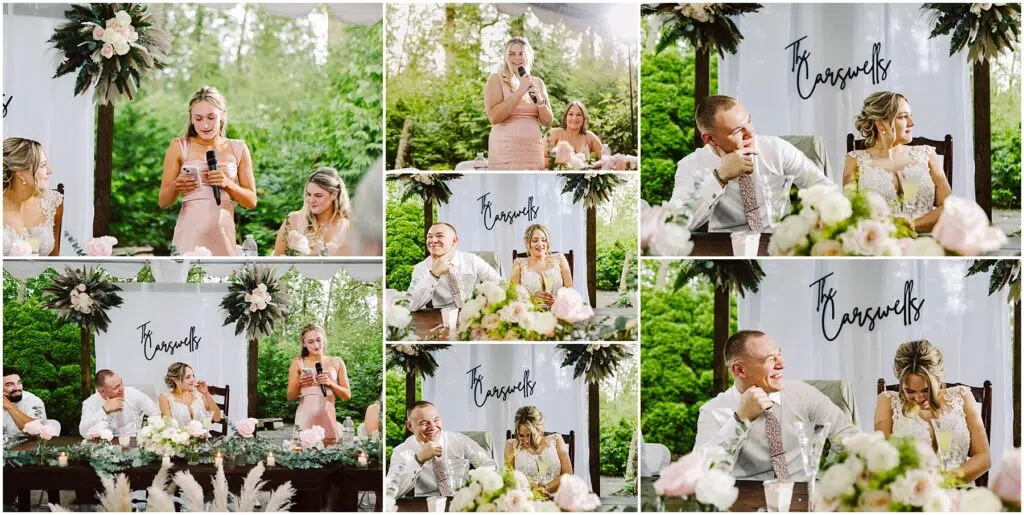 Snohomish Wedding Photographer GSquared Weddings A woman in a pink dress delivers a heartfelt speech microphone in hand at a Snohomish wedding The bride and groom sit at a floweradorned table smiling and laughing under the Boswells sign Lush greenery surrounds the charming outdoor setting Serving Seattle Snohomish and Washington State Snohomish Wedding Photographer GSquared Weddings A woman in a pink dress delivers a heartfelt speech, microphone in hand, at a Snohomish wedding. The bride and groom sit at a flower-adorned table, smiling and laughing under the Boswells sign. Lush greenery surrounds the charming outdoor setting. Serving Seattle, Snohomish and Washington State