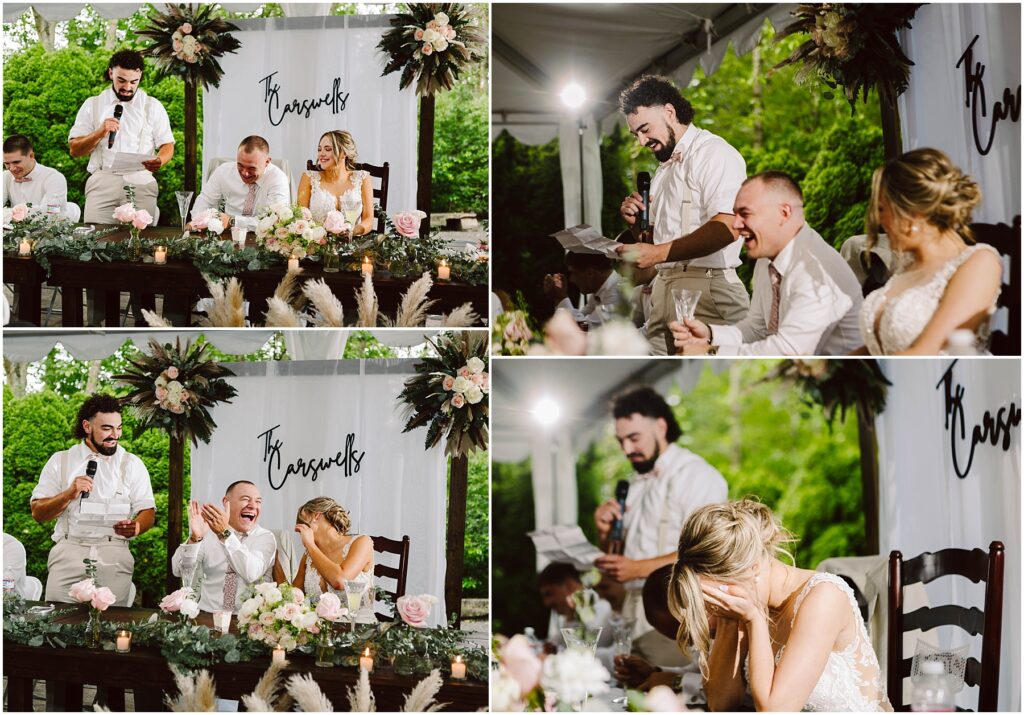 Snohomish Wedding Photographer GSquared Weddings A wedding reception unfolds under a Snohomish tent where the bride and groom sit smiling at their table Three men possibly giving speeches evoke laughter from the couple amid a setting adorned with flowers candles and a sign proudly displaying The Reynolds in the background Serving Seattle Snohomish and Washington State Snohomish Wedding Photographer GSquared Weddings A wedding reception unfolds under a Snohomish tent where the bride and groom sit smiling at their table. Three men, possibly giving speeches, evoke laughter from the couple amid a setting adorned with flowers, candles, and a sign proudly displaying The Reynolds in the background. Serving Seattle, Snohomish and Washington State
