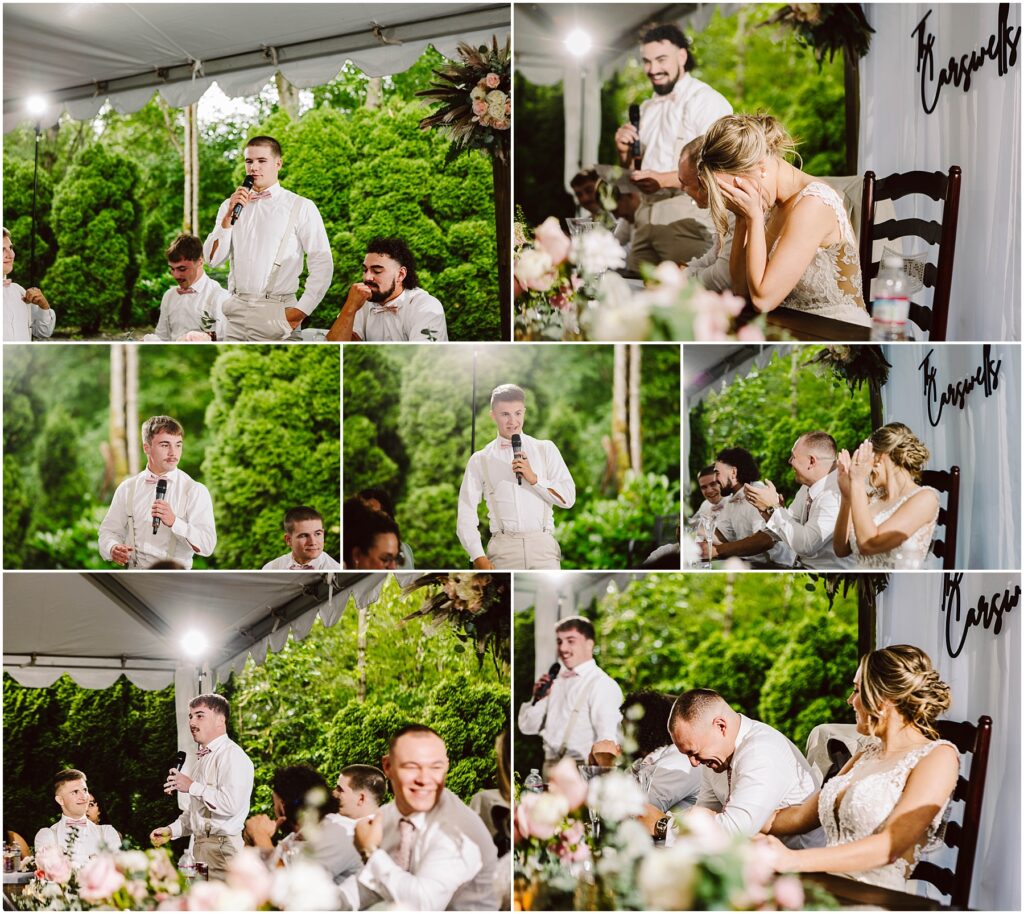 Snohomish Wedding Photographer GSquared Weddings A collage of wedding reception moments in Snohomish shows a man giving a speech A woman in a white dress covers her face then laughs with the man next to her The outdoor setting is under a tent with lush greenery providing a picturesque backdrop Serving Seattle Snohomish and Washington State Snohomish Wedding Photographer GSquared Weddings A collage of wedding reception moments in Snohomish shows a man giving a speech. A woman in a white dress covers her face, then laughs with the man next to her. The outdoor setting is under a tent, with lush greenery providing a picturesque backdrop. Serving Seattle, Snohomish and Washington State