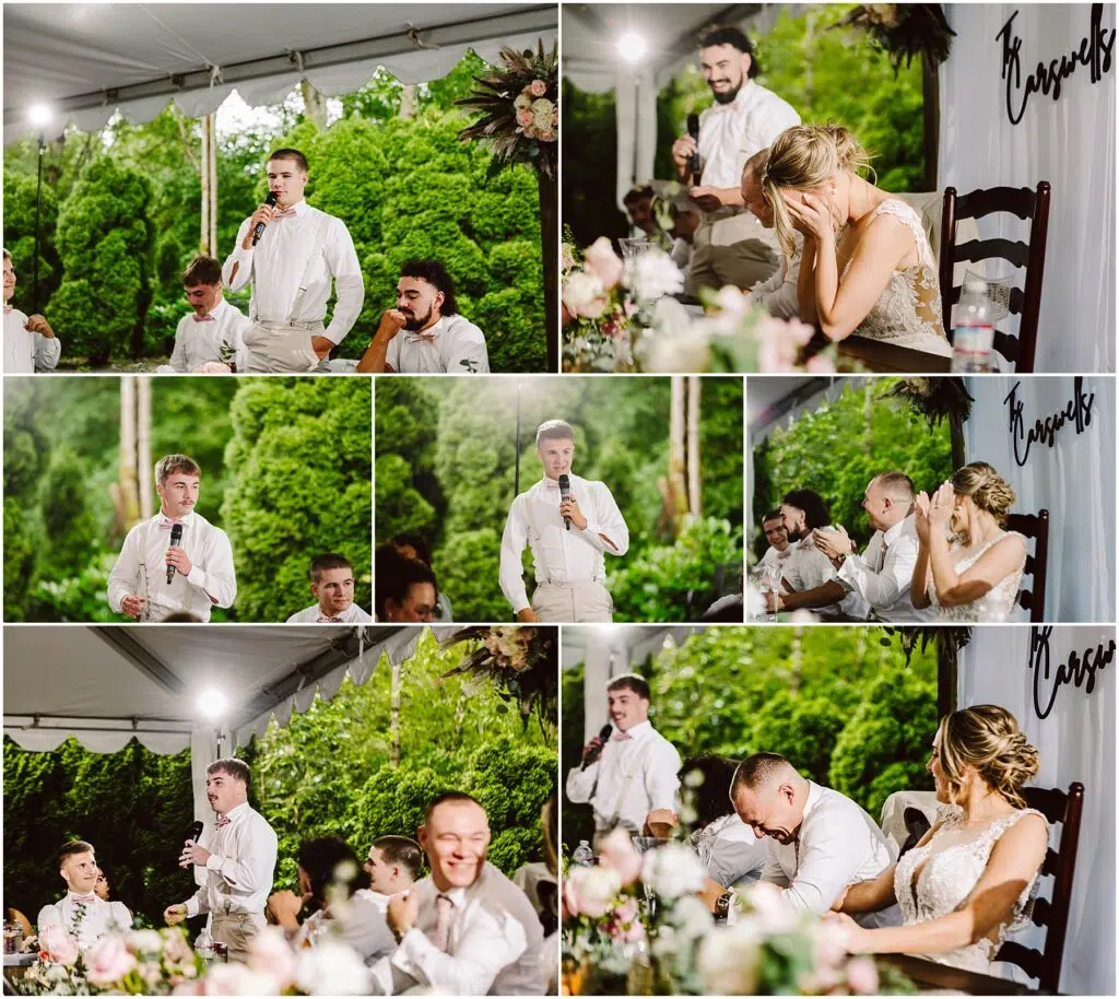 Snohomish Wedding Photographer GSquared Weddings A collage of wedding reception moments in Snohomish shows a man giving a speech A woman in a white dress covers her face then laughs with the man next to her The outdoor setting is under a tent with lush greenery providing a picturesque backdrop Serving Seattle Snohomish and Washington State Snohomish Wedding Photographer GSquared Weddings A collage of wedding reception moments in Snohomish shows a man giving a speech. A woman in a white dress covers her face, then laughs with the man next to her. The outdoor setting is under a tent, with lush greenery providing a picturesque backdrop. Serving Seattle, Snohomish and Washington State