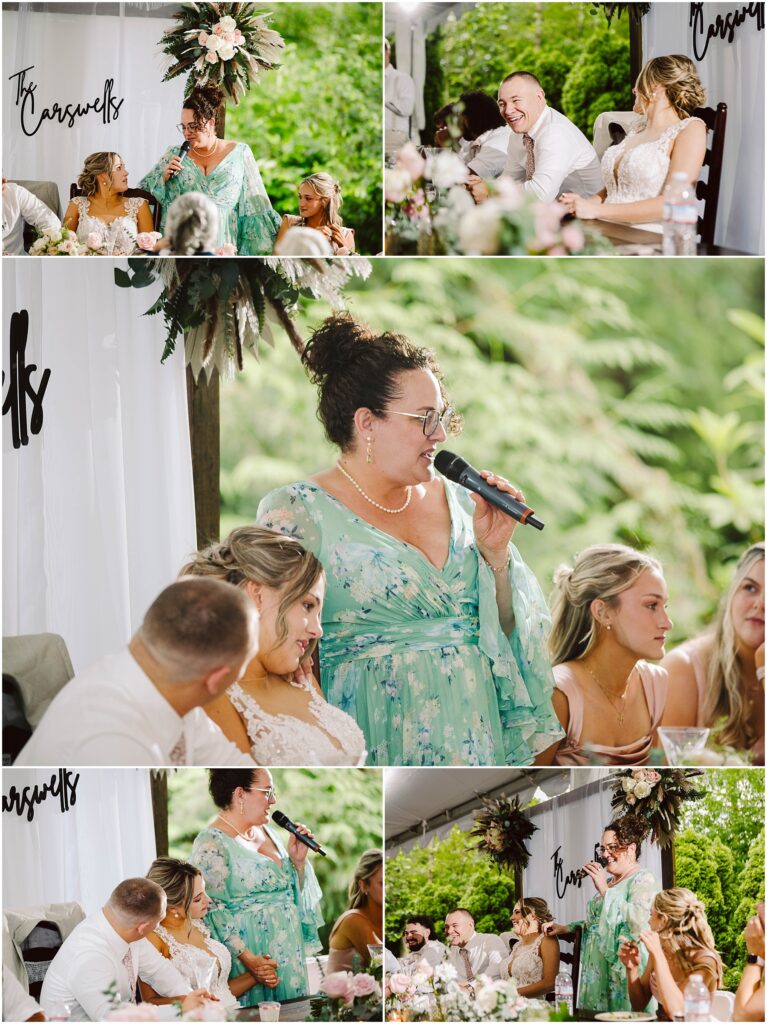 Snohomish Wedding Photographer GSquared Weddings A woman in a light green dress speaks into a microphone at a wedding reception in Snohomish She stands next to seated guests surrounded by lush greenery and floral decorations Various guests listen attentively with smiles and light conversation floating through the air Serving Seattle Snohomish and Washington State Snohomish Wedding Photographer GSquared Weddings A woman in a light green dress speaks into a microphone at a wedding reception in Snohomish. She stands next to seated guests, surrounded by lush greenery and floral decorations. Various guests listen attentively, with smiles and light conversation floating through the air. Serving Seattle, Snohomish and Washington State