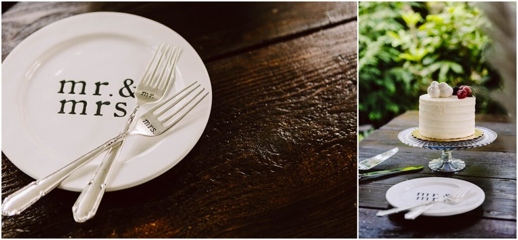 Snohomish Wedding Photographer GSquared Weddings Closeup of a mr mrs plate with two forks on a wooden table in Snohomish Next to it a small white cake with a raspberry on a glass stand surrounded by plants A cake server and small plate are nearby Serving Seattle Snohomish and Washington State Snohomish Wedding Photographer GSquared Weddings Close-up of a mr. & mrs. plate with two forks on a wooden table in Snohomish. Next to it, a small white cake with a raspberry, on a glass stand, surrounded by plants. A cake server and small plate are nearby. Serving Seattle, Snohomish and Washington State