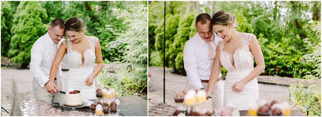 Snohomish Wedding Photographer GSquared Weddings In the charming landscape of Snohomish a couple cuts a small cake outdoors The woman glows in a white lace wedding dress while the man complements her in a crisp white shirt Their table is adorned with an array of cupcakes and treats surrounded by vibrant greenery and trees Serving Seattle Snohomish and Washington State Snohomish Wedding Photographer GSquared Weddings In the charming landscape of Snohomish, a couple cuts a small cake outdoors. The woman glows in a white lace wedding dress, while the man complements her in a crisp white shirt. Their table is adorned with an array of cupcakes and treats, surrounded by vibrant greenery and trees. Serving Seattle, Snohomish and Washington State