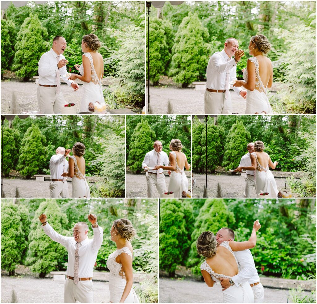 Snohomish Wedding Photographer GSquared Weddings In a Snohomish garden a bride and groom celebrate laughing and dancing The bride wears a backless dress and the groom is in a white shirt and trousers They joyfully interact under the lush green trees Serving Seattle Snohomish and Washington State Snohomish Wedding Photographer GSquared Weddings In a Snohomish garden, a bride and groom celebrate, laughing and dancing. The bride wears a backless dress, and the groom is in a white shirt and trousers. They joyfully interact under the lush green trees. Serving Seattle, Snohomish and Washington State