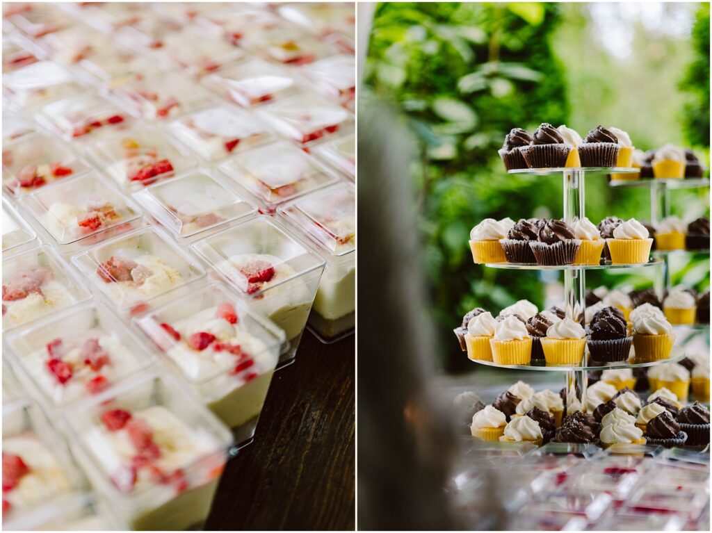 Snohomish Wedding Photographer GSquared Weddings Left Rows of parfaits with cream and strawberry chunks in clear cups Right A tiered stand of assorted mini cupcakes including chocolate and vanilla set against the lush green backdrop of Snohomish Serving Seattle Snohomish and Washington State Snohomish Wedding Photographer GSquared Weddings Left: Rows of parfaits with cream and strawberry chunks in clear cups. Right: A tiered stand of assorted mini cupcakes, including chocolate and vanilla, set against the lush green backdrop of Snohomish. Serving Seattle, Snohomish and Washington State