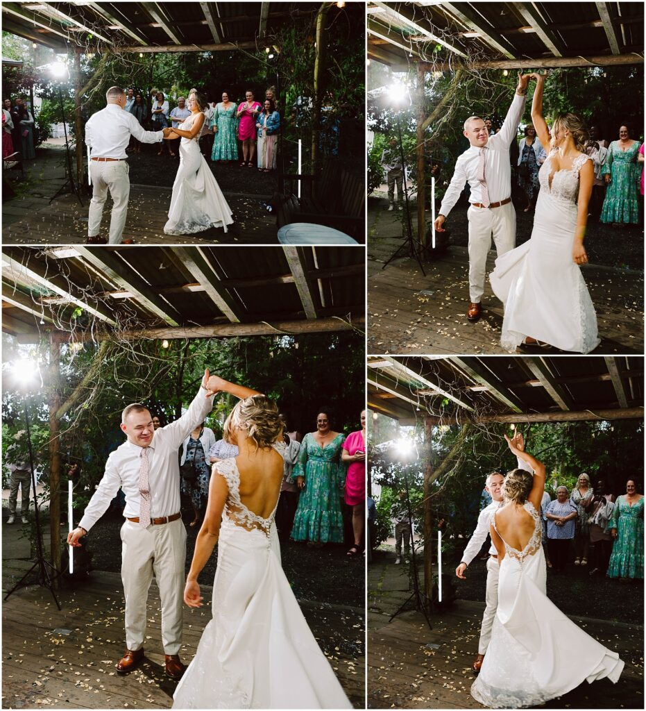 Snohomish Wedding Photographer GSquared Weddings A bride and groom dance joyfully under a rustic vinecovered wooden pergola in Snohomish The bride wears a white gown with a low back and the groom is in a light shirt and pants Guests watch them enthusiastically in the background Serving Seattle Snohomish and Washington State Snohomish Wedding Photographer GSquared Weddings A bride and groom dance joyfully under a rustic, vine-covered wooden pergola in Snohomish. The bride wears a white gown with a low back, and the groom is in a light shirt and pants. Guests watch them enthusiastically in the background. Serving Seattle, Snohomish and Washington State