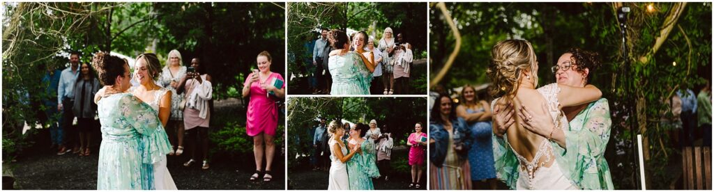 Snohomish Wedding Photographer GSquared Weddings Two women one in a white dress and the other in a floral gown dance joyfully outdoors in Snohomish Onlookers including people taking photos watch and smile The scene is surrounded by greenery with a festive atmosphere Serving Seattle Snohomish and Washington State Snohomish Wedding Photographer GSquared Weddings Two women, one in a white dress and the other in a floral gown, dance joyfully outdoors in Snohomish. Onlookers, including people taking photos, watch and smile. The scene is surrounded by greenery with a festive atmosphere. Serving Seattle, Snohomish and Washington State