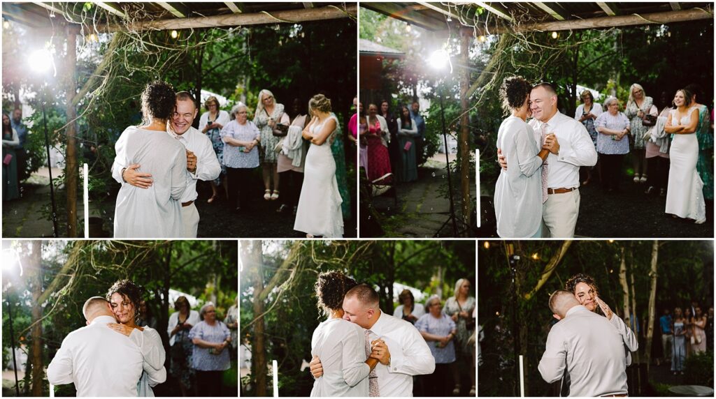 Snohomish Wedding Photographer GSquared Weddings A bride and groom dance outdoors under a pergola in Snohomish surrounded by smiling guests The couple embraces sharing a lighthearted moment during their dance Trees and joyful onlookers create a warm intimate atmosphere Serving Seattle Snohomish and Washington State Snohomish Wedding Photographer GSquared Weddings A bride and groom dance outdoors under a pergola in Snohomish, surrounded by smiling guests. The couple embraces, sharing a lighthearted moment during their dance. Trees and joyful onlookers create a warm, intimate atmosphere. Serving Seattle, Snohomish and Washington State