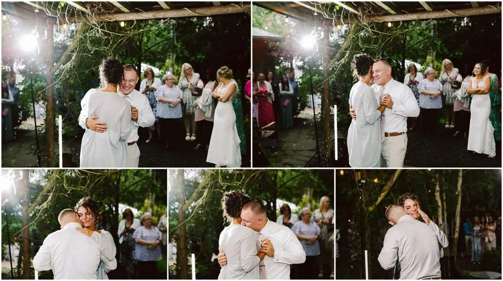 Snohomish Wedding Photographer GSquared Weddings A bride and groom dance outdoors under a pergola in Snohomish surrounded by smiling guests The couple embraces sharing a lighthearted moment during their dance Trees and joyful onlookers create a warm intimate atmosphere Serving Seattle Snohomish and Washington State Snohomish Wedding Photographer GSquared Weddings A bride and groom dance outdoors under a pergola in Snohomish, surrounded by smiling guests. The couple embraces, sharing a lighthearted moment during their dance. Trees and joyful onlookers create a warm, intimate atmosphere. Serving Seattle, Snohomish and Washington State