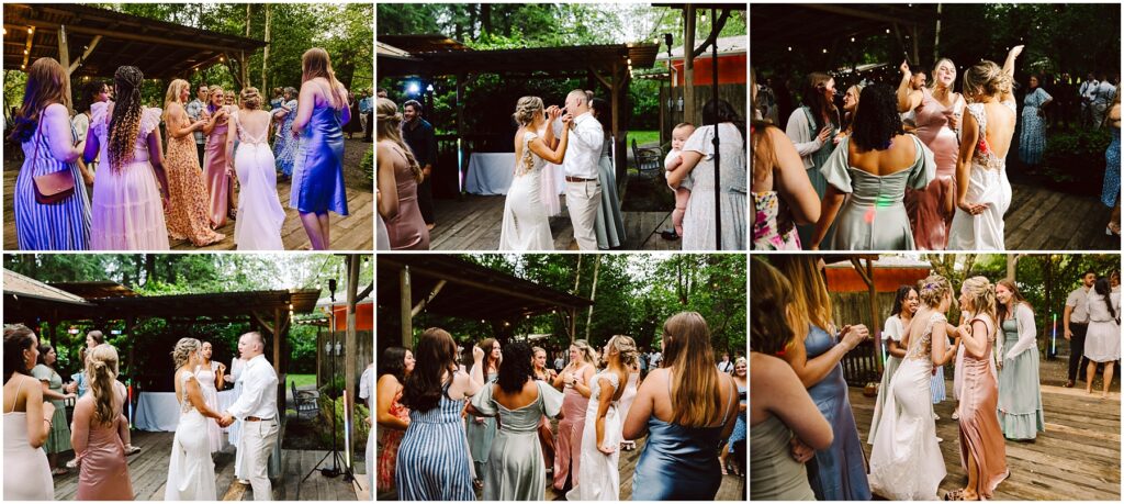 Snohomish Wedding Photographer GSquared Weddings A lively group is dancing on a wooden deck at an outdoor wedding reception in Snohomish Dressed in formal attire of various colors they are surrounded by trees and string lights joyfully engaging in conversation and dance Serving Seattle Snohomish and Washington State Snohomish Wedding Photographer GSquared Weddings A lively group is dancing on a wooden deck at an outdoor wedding reception in Snohomish. Dressed in formal attire of various colors, they are surrounded by trees and string lights, joyfully engaging in conversation and dance. Serving Seattle, Snohomish and Washington State