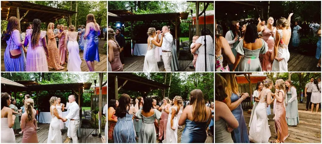 Snohomish Wedding Photographer GSquared Weddings A lively group is dancing on a wooden deck at an outdoor wedding reception in Snohomish Dressed in formal attire of various colors they are surrounded by trees and string lights joyfully engaging in conversation and dance Serving Seattle Snohomish and Washington State Snohomish Wedding Photographer GSquared Weddings A lively group is dancing on a wooden deck at an outdoor wedding reception in Snohomish. Dressed in formal attire of various colors, they are surrounded by trees and string lights, joyfully engaging in conversation and dance. Serving Seattle, Snohomish and Washington State