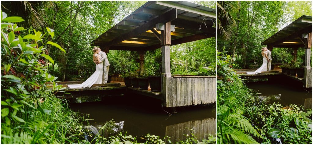 Snohomish Wedding Photographer GSquared Weddings A couple in elegant wedding attire embrace on a wooden bridge over a small pond surrounded by the lush greenery of Snohomish The scene exudes romance and tranquility capturing the essence of a natural garden setting in this charming locale Serving Seattle Snohomish and Washington State Snohomish Wedding Photographer GSquared Weddings A couple in elegant wedding attire embrace on a wooden bridge over a small pond, surrounded by the lush greenery of Snohomish. The scene exudes romance and tranquility, capturing the essence of a natural garden setting in this charming locale. Serving Seattle, Snohomish and Washington State