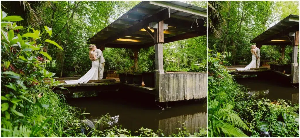 Snohomish Wedding Photographer GSquared Weddings A couple in elegant wedding attire embrace on a wooden bridge over a small pond surrounded by the lush greenery of Snohomish The scene exudes romance and tranquility capturing the essence of a natural garden setting in this charming locale Serving Seattle Snohomish and Washington State Snohomish Wedding Photographer GSquared Weddings A couple in elegant wedding attire embrace on a wooden bridge over a small pond, surrounded by the lush greenery of Snohomish. The scene exudes romance and tranquility, capturing the essence of a natural garden setting in this charming locale. Serving Seattle, Snohomish and Washington State