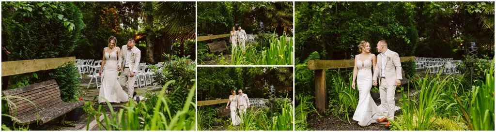 Snohomish Wedding Photographer GSquared Weddings A couple in wedding attire smiles and walks hand in hand down a lush green garden path in Snohomish They pass by empty white chairs arranged for an outdoor event with vibrant foliage surrounding them Serving Seattle Snohomish and Washington State Snohomish Wedding Photographer GSquared Weddings A couple in wedding attire smiles and walks hand in hand down a lush green garden path in Snohomish. They pass by empty white chairs arranged for an outdoor event, with vibrant foliage surrounding them. Serving Seattle, Snohomish and Washington State