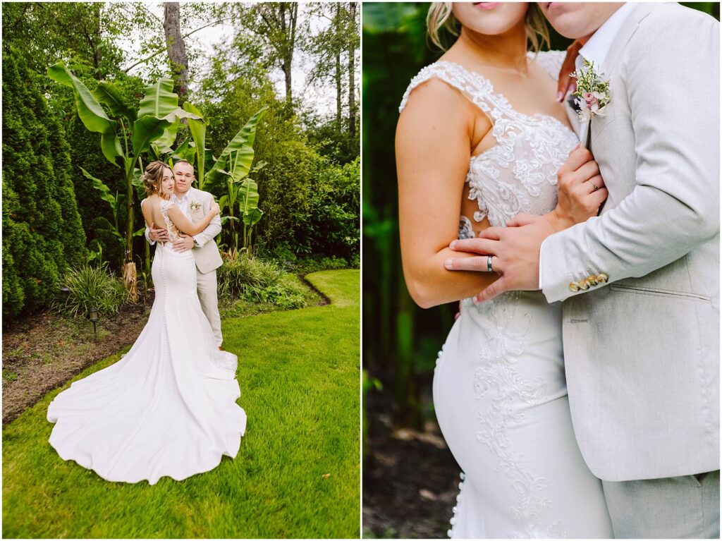 Snohomish Wedding Photographer GSquared Weddings In Snohomish a bride and groom embrace in a lush garden The bride wears a long elegant white dress with lace details while the groom looks dapper in a light grey suit with a boutonniere The serene setting is as green as it is magical Serving Seattle Snohomish and Washington State Snohomish Wedding Photographer GSquared Weddings In Snohomish, a bride and groom embrace in a lush garden. The bride wears a long, elegant white dress with lace details, while the groom looks dapper in a light grey suit with a boutonniere. The serene setting is as green as it is magical. Serving Seattle, Snohomish and Washington State