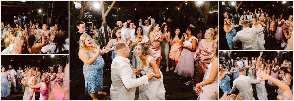 Snohomish Wedding Photographer GSquared Weddings A lively outdoor wedding reception in Snohomish features guests dancing joyfully The bride in a white dress and the groom in a light suit take center stage Friends and family surround them clapping and smiling under string lights on a wooden patio Serving Seattle Snohomish and Washington State Snohomish Wedding Photographer GSquared Weddings A lively outdoor wedding reception in Snohomish features guests dancing joyfully. The bride, in a white dress, and the groom, in a light suit, take center stage. Friends and family surround them, clapping and smiling under string lights on a wooden patio. Serving Seattle, Snohomish and Washington State