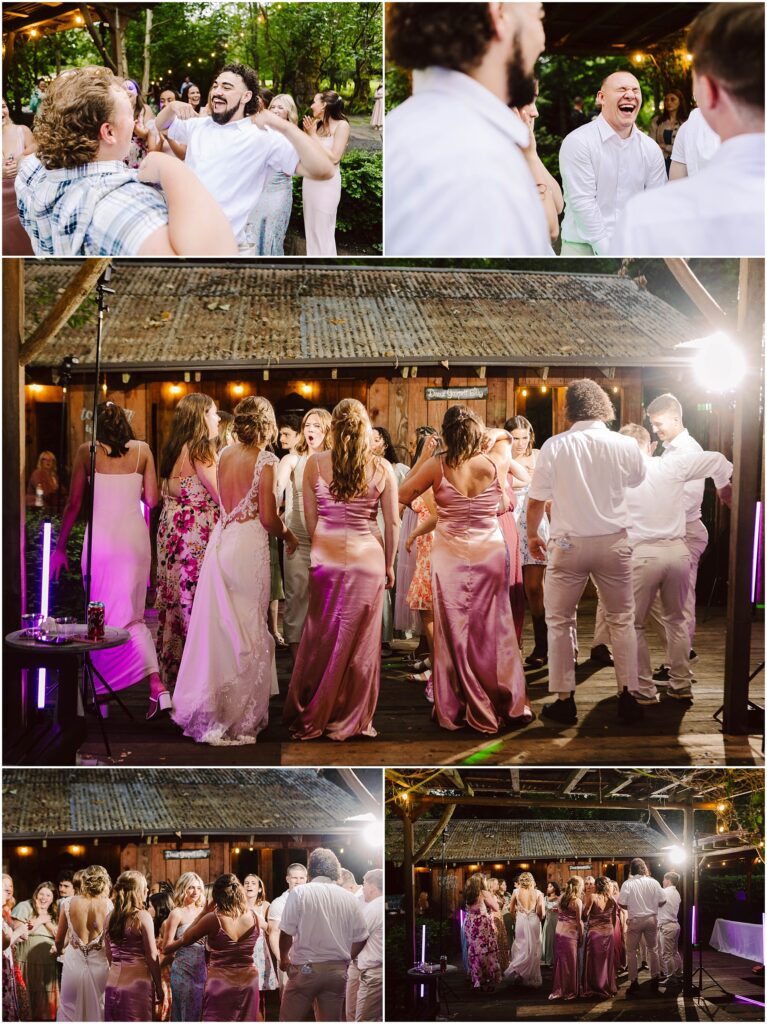 Snohomish Wedding Photographer GSquared Weddings A lively outdoor wedding reception in Snohomish sees guests dancing joyfully People in formal attire including pastel and floral dresses enjoy the evening under string lights surrounded by trees and rustic wooden structures Serving Seattle Snohomish and Washington State Snohomish Wedding Photographer GSquared Weddings A lively outdoor wedding reception in Snohomish sees guests dancing joyfully. People in formal attire, including pastel and floral dresses, enjoy the evening under string lights, surrounded by trees and rustic wooden structures. Serving Seattle, Snohomish and Washington State