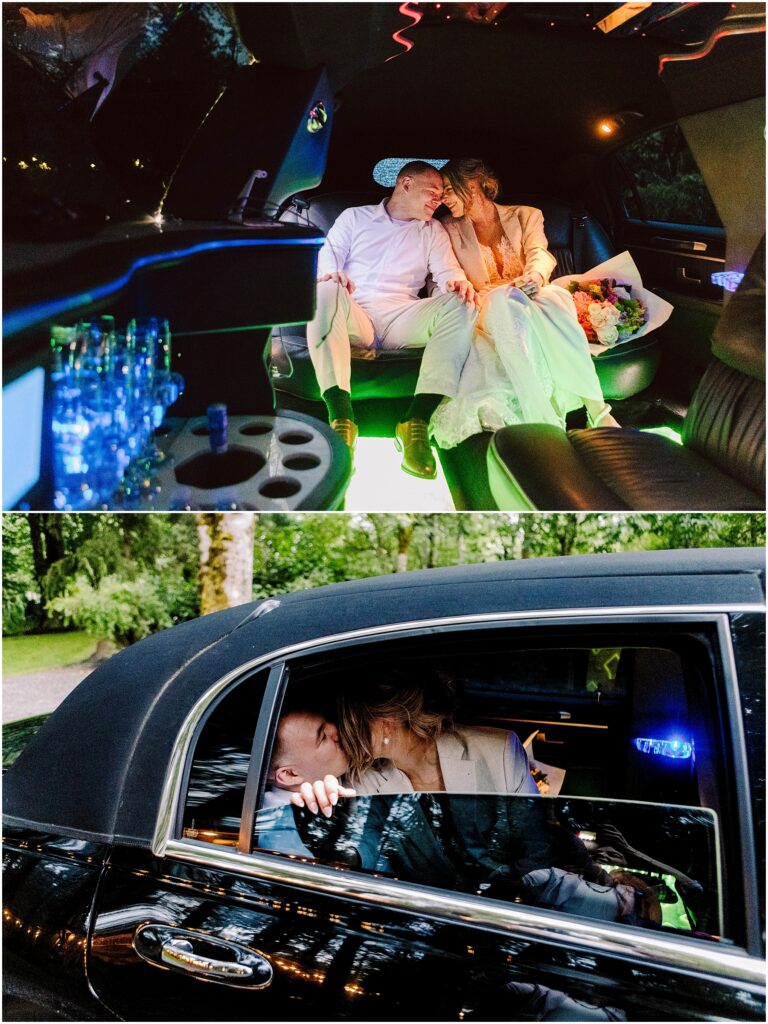 Snohomish Wedding Photographer GSquared Weddings A couple in wedding attire shares an intimate moment inside a limousine in Snohomish The first photo shows them sitting and smiling with a bouquet while the second captures them sharing a kiss through the car window Serving Seattle Snohomish and Washington State Snohomish Wedding Photographer GSquared Weddings A couple in wedding attire shares an intimate moment inside a limousine in Snohomish. The first photo shows them sitting and smiling with a bouquet, while the second captures them sharing a kiss through the car window. Serving Seattle, Snohomish and Washington State