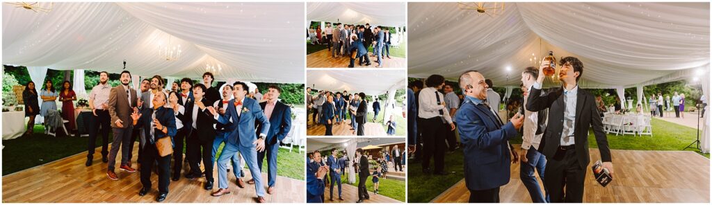 Snohomish wedding photographer gsquared weddings a group of men in formal wear eagerly reach to catch a bouquet at a charming backyard wedding Nearby small gatherings of guests dressed for the occasion mingle and chat under a beautifully lit white canopy adding to the festive atmosphere Serving seattle snohomish and washington state