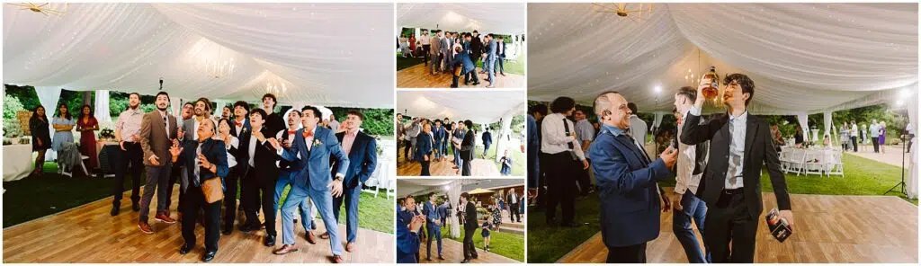 Snohomish Wedding Photographer GSquared Weddings A group of men in formal wear eagerly reach to catch a bouquet at a charming backyard wedding Nearby small gatherings of guests dressed for the occasion mingle and chat under a beautifully lit white canopy adding to the festive atmosphere Serving Seattle Snohomish and Washington State Snohomish Wedding Photographer GSquared Weddings A group of men in formal wear eagerly reach to catch a bouquet at a charming backyard wedding. Nearby, small gatherings of guests dressed for the occasion mingle and chat under a beautifully lit white canopy, adding to the festive atmosphere. Serving Seattle, Snohomish and Washington State