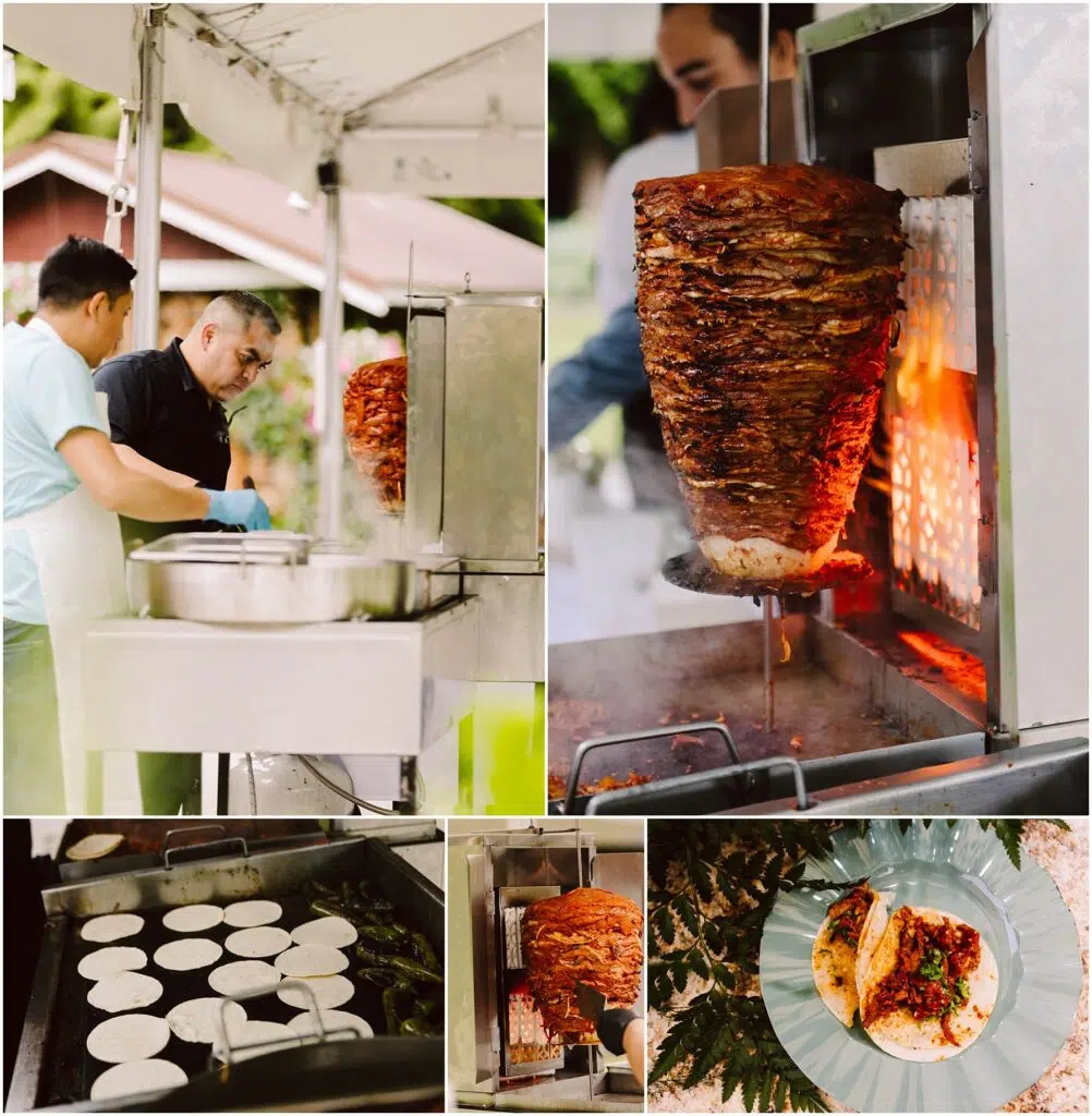 Snohomish Wedding Photographer GSquared Weddings Collage of taco preparation for a backyard wedding two people cook meat on a vertical rotisserie tortillas grill on a stovetop and served tacos with garnishes elegantly displayed on a green plate Serving Seattle Snohomish and Washington State Snohomish Wedding Photographer GSquared Weddings Collage of taco preparation for a backyard wedding: two people cook meat on a vertical rotisserie, tortillas grill on a stovetop, and served tacos with garnishes elegantly displayed on a green plate. Serving Seattle, Snohomish and Washington State